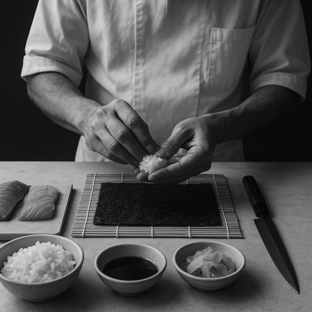 Chef hands preparing sushi on a clean kitchen counter
