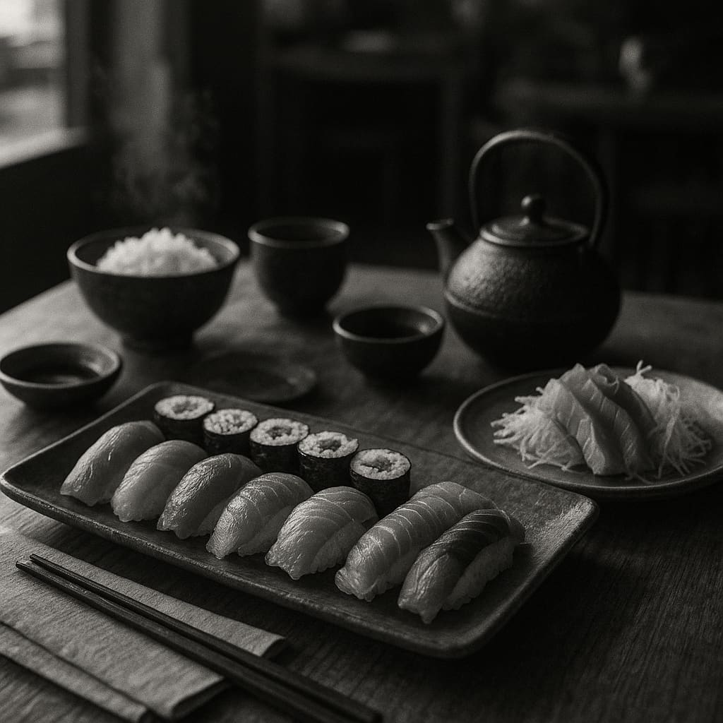 Japanese table setting with sushi, sashimi, rice dishes and tea