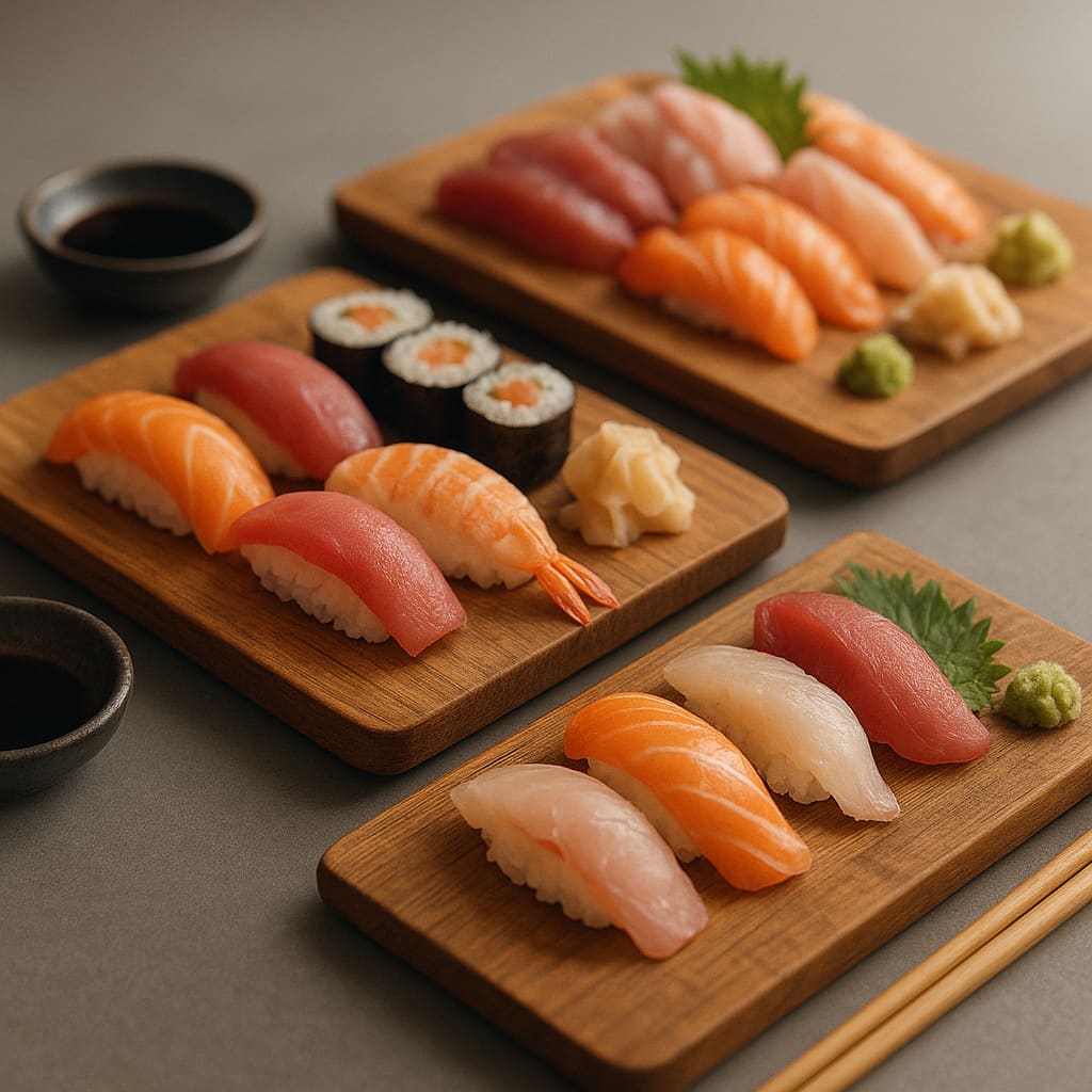 Sushi and sashimi platters arranged on wooden serving boards